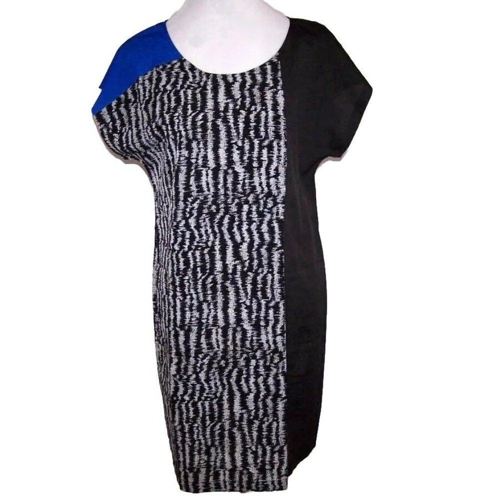 M60 Miss Sixty Dress Size 10 Shift Colorblock Black White Blue Short Sleeve